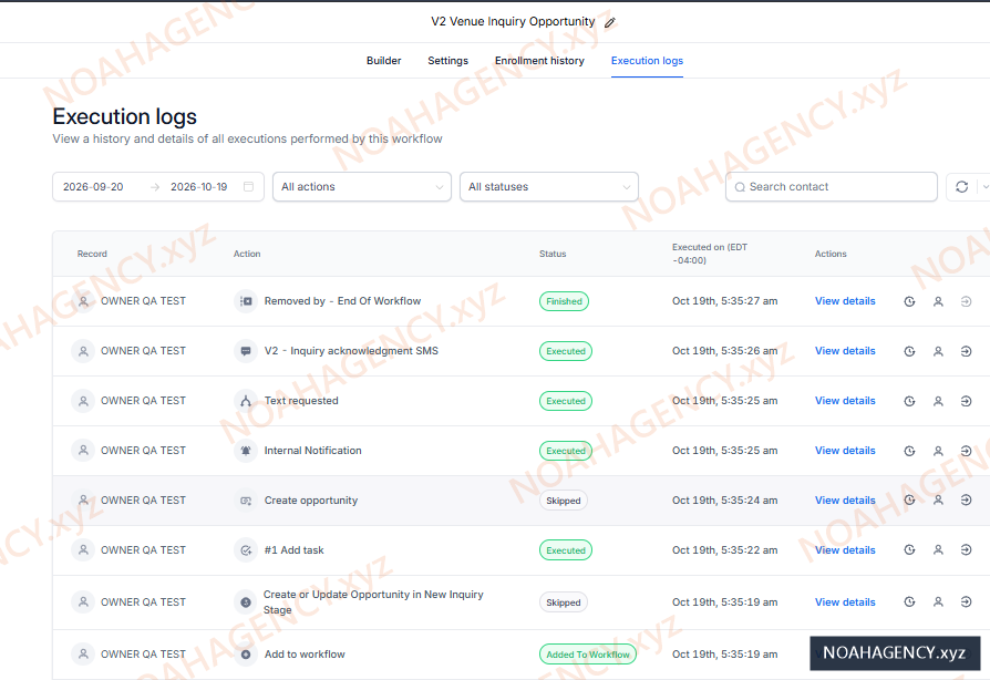 GoHighLevel workflow execution log